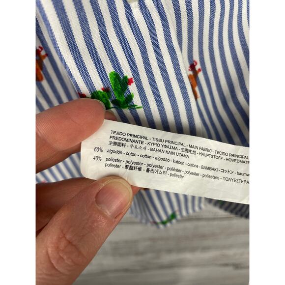 Zara White Blue Stripe Button Down Novelty Cactus Print Top XS Oversized Coastal - Picture 4 of 9